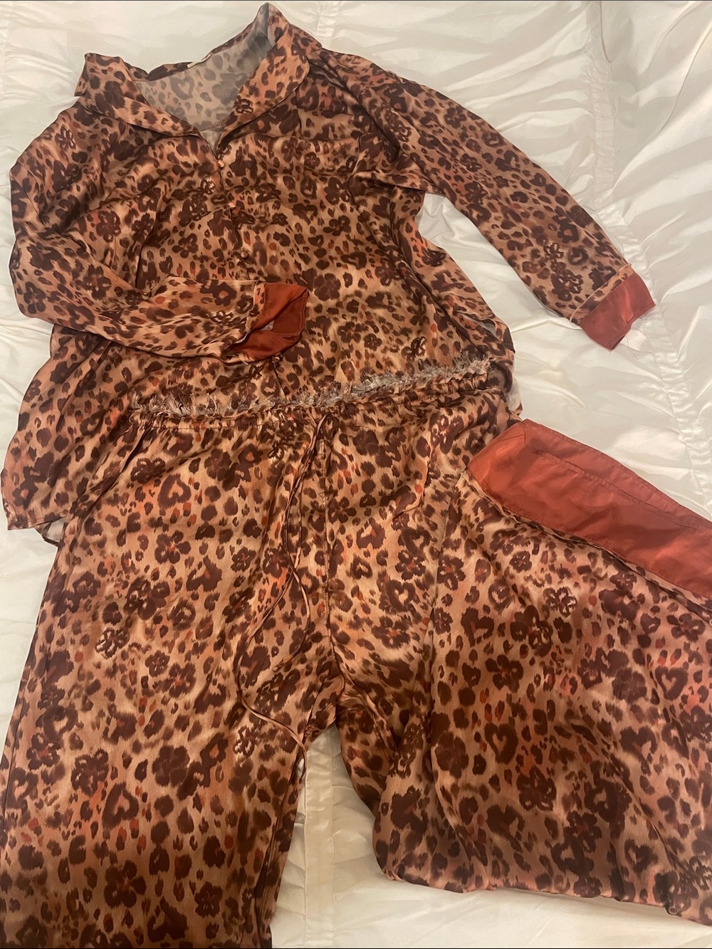 Free People Women’s Leopard Satin Pajama Set - Rust Brown
